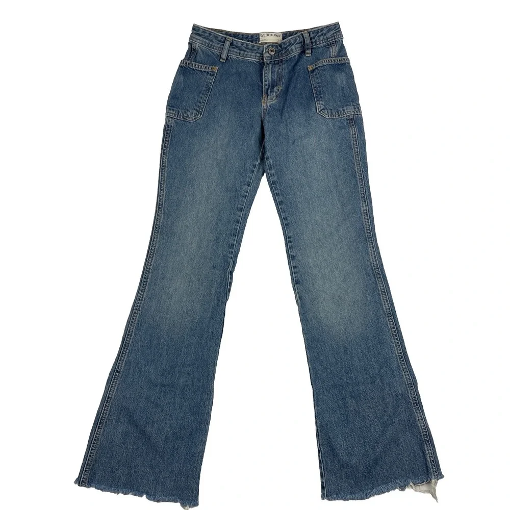 We the Free Free People Jeans Womens Size 24 Izzy Low Rise Flare Blue Raw Hem